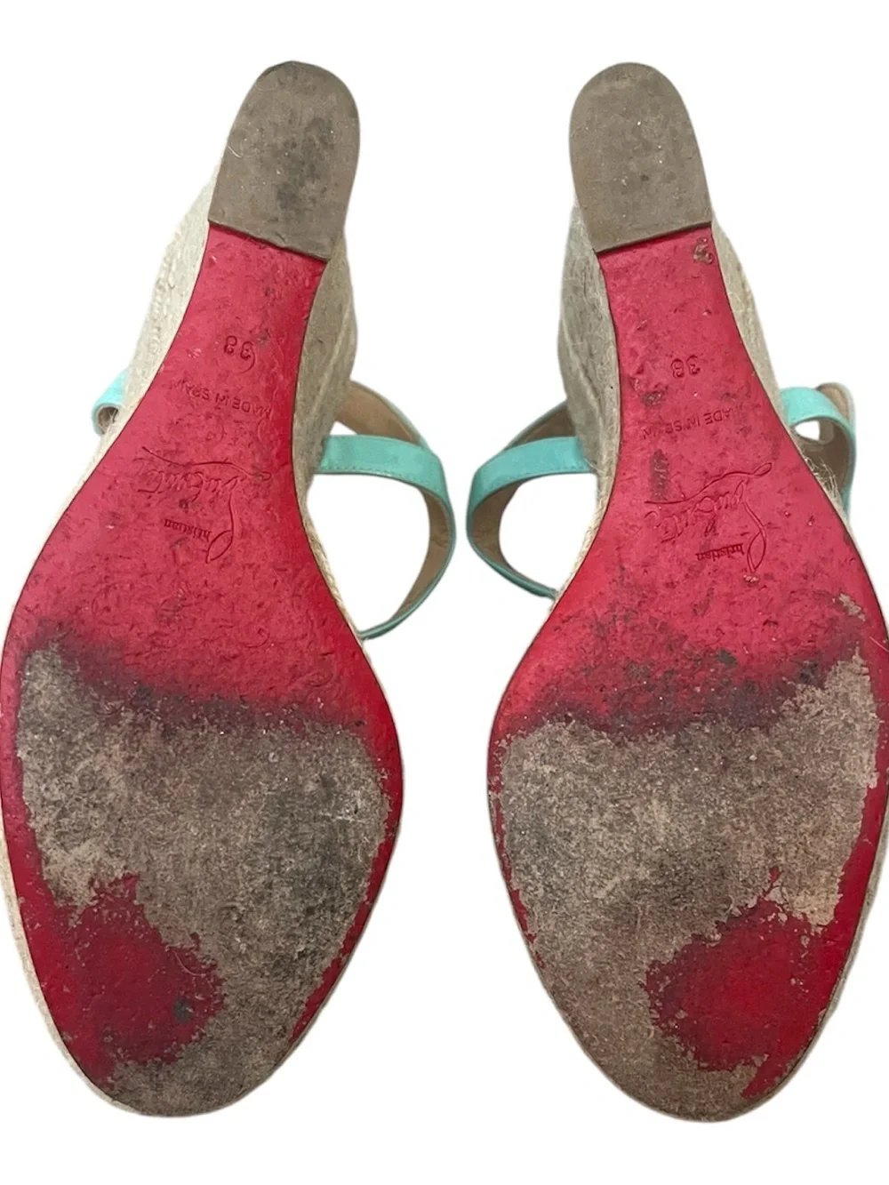 Christian Louboutin Turquoise Yellow Patent Espadrille Wedge Sandals 38 $325